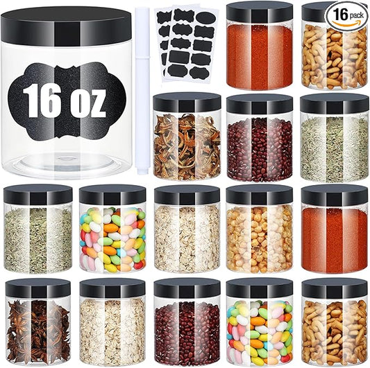 Plastic Jars with Lids, 16 oz Plastic Containers with Lids Clear Airtight Container Storage Jar Mason Jars for Dry Food Peanut Butter Honey Jam Cosmetics, Pack of 16 (16 PCS Black Lids)