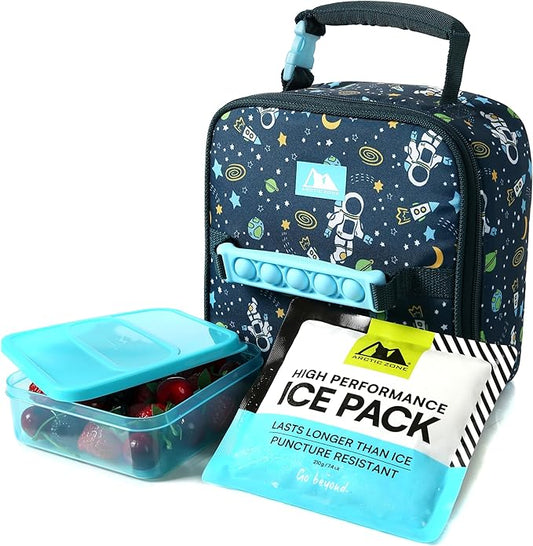 Arctic Zone Pop-it Kids Lunch Box Combo with Sensory Pop Handle, 210g Ice Pack, and Sandwich Container, Space Odyssey