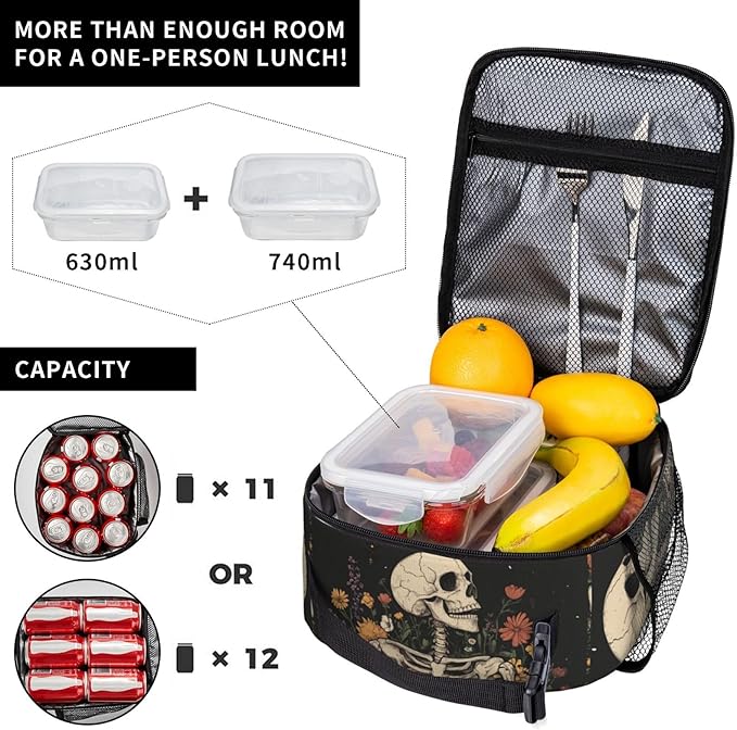 SUPLUCHOM Lunch Bag Skeleton Flower Skull Vintage Insulated Box Reusable with Side Pocket for Girl Boy Women Men Work School Picnic Hiking Daytrip Over 3 Years Old