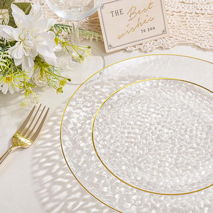SUT 36Pcs Clear Plastic Plates, Hammered Plates Disposable Heavy Duty, Clear Disposable Plates With Gold Rim, Fancy Plastic plates Include 18 Dinner and 18 Dessert plates for Wedding