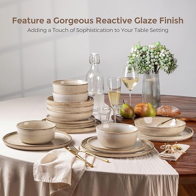 GBHOME 16 Pieces Double Bowls Ceramic Dinnerware Sets for 4, Stoneware Plates and Bowls Set with Reactive Glaze, Scratch Resistant Stoneware Dishes Set, Dishwasher & Microwave Safe