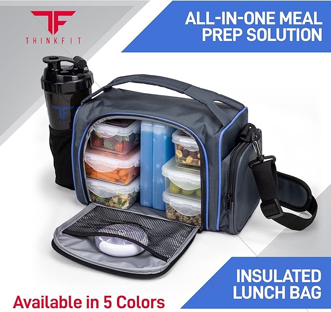 ThinkFit Insulated Lunch Box with 6 Portion Control Containers, Pill Dispenser, Shaker Cup & Ice Packs - BPA-Free, Reusable, Microwavable, Freezer Safe - Blue