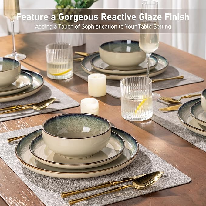 GBHOME Ceramic Dinnerware Sets for 4, 12 Pieces Stoneware Plates and Bowls Sets, Scratch Resistant Dishes, Dishwasher & Microwave Safe, Reactive Glaze-Gravel
