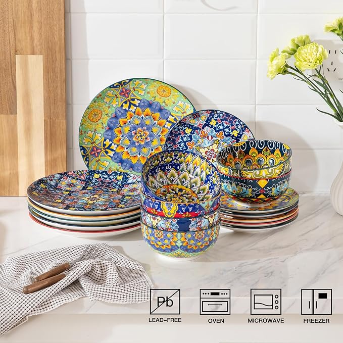 Sweejar Ceramic Dinnerware Sets for 6,18 Pieces Boho Plates and Bowls for Kitchen,Housewaring Gift,Bohemian Style Dish Set,Dishwasher and Microwave Safe(Colorful)