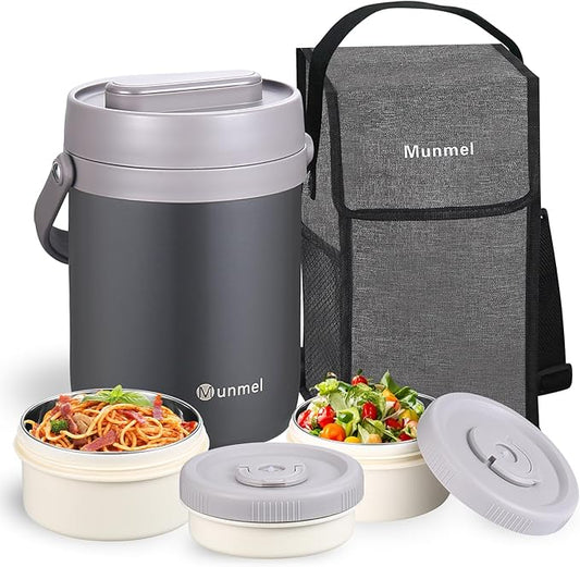 Adults Lunch Vacuum Soup Thermo For Hot Food with Inserts Stackable Bento Box Storage Container,Width Mouth Stainless Steel Portable Insulated Food Jar (grey, 74 oz)