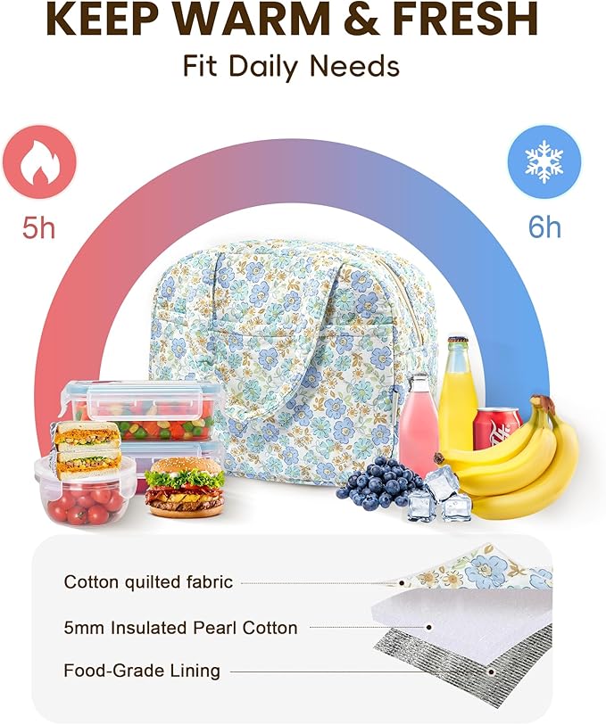 Quilted Lunch Box for Women,Insulated Cute Reusable Lunch Bag with Front Pocket,Pink Flower Stylish Lunch Tote Bag for Work, Office,Picnic, Travel,School (green blue floral)