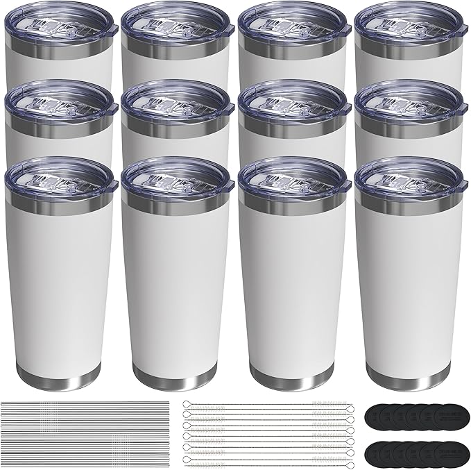 Travel Coffee Tumbler 20oz, 12 Pack Leakproof Travel Coffee Mug with Lid and Straw, Stainless Steel Double Wall Vacuum Insulated Tumbler for Hot/Iced Drinks (Textured Matte, White)