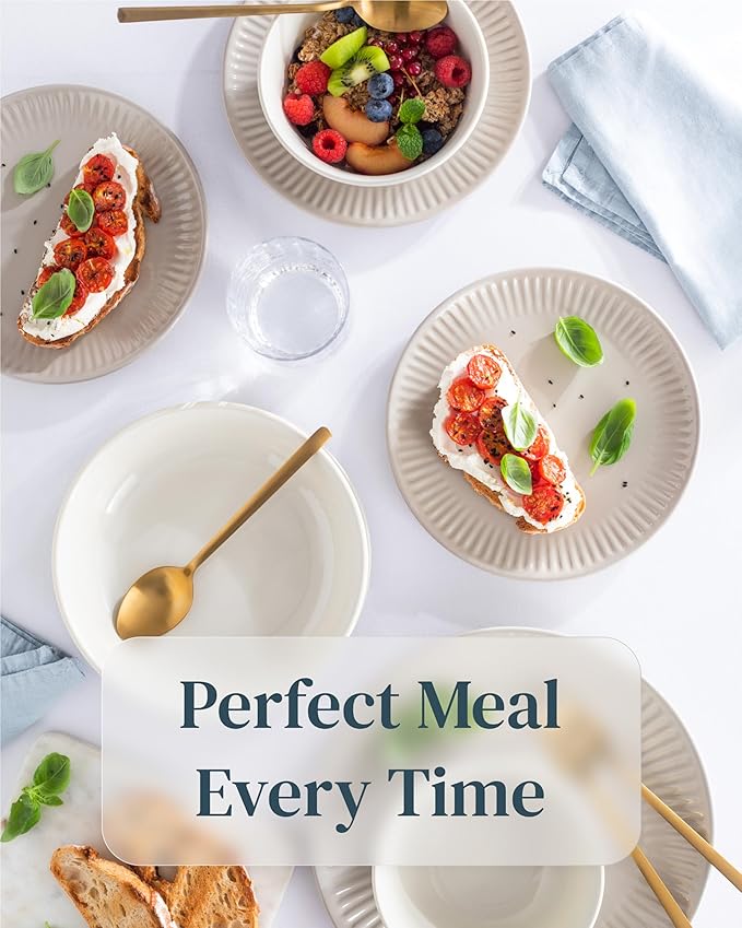 Stoneware Dinnerware Set for 4 People HYGGE 16-Piece - Elegant Scandi Design - Premium Dish Set - Bowl and Plate Set - Tableware for 4 People in a Ribbed Design - Pure Living in Light Brown