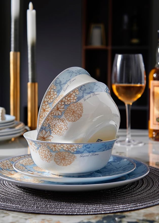 Bone China Plates and Bowels,12-Pieces Dinnerware Sets, Highly Chip and Crack Resistant, Dishwasher & Microwave Safe Dishes Set, Dense and Translucence