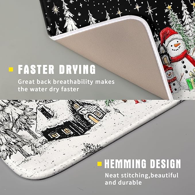 Winter Snowman Dish Drying Mat 18 X 16 in Black Microfiber Dish Pad Absorbent Holiday Kitchen Accessories