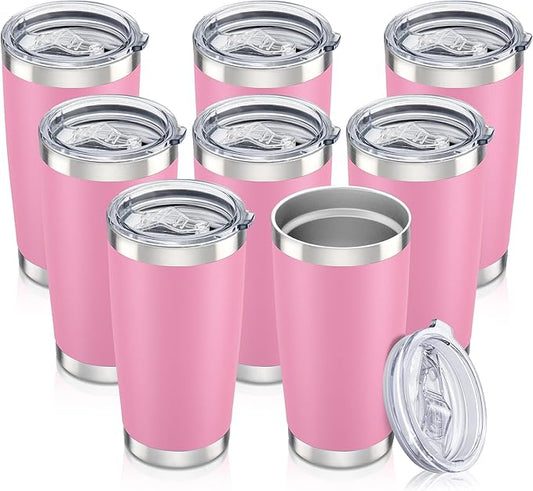 20 oz Tumbler with Lid Stainless Steel Insulated Tumblers Bulk Double Wall Vacuum Cups Powder Coated Travel Mug Keep Drink Cold and Hot, Pink, 8 Pack