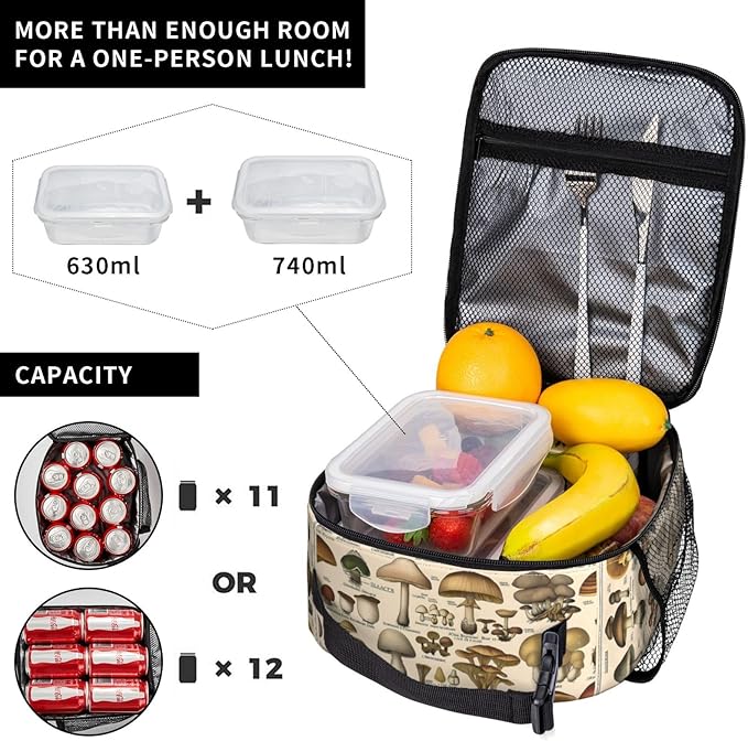 Botanical Mushroom Lunch Box for Women Men, Insulated Lunch Box, Reusable Lunch Bag for Office, Work, Picnic, Travel