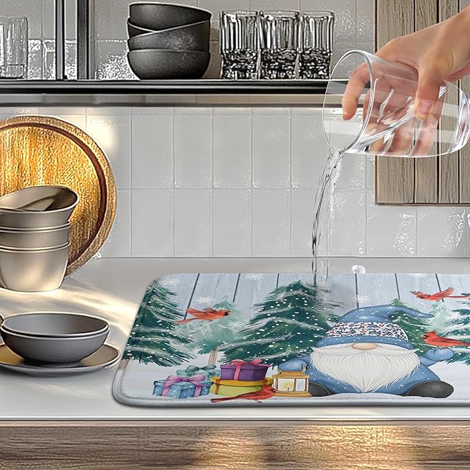 Winter Gnome Dish Drying Mat Christmas Tree Snowman Large Kitchen Mats Dish Drying Pad Bird Absorbent Dish Dryer Mat for Kitchen Countertops Microfiber Drainer Pad Dish Drying Mats (18x24 in)
