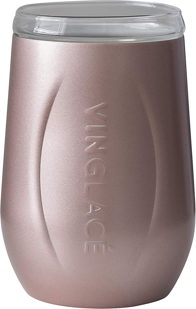 Vinglacé Stainless Steel Stemless Wine Glass- Insulated Wine Tumbler with Glass Insert and Sip Lid, 10 oz, Rose Gold