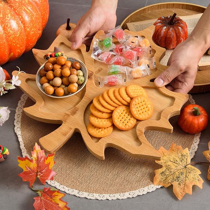 AWIZOM Maple Leaf Charcuterie Boards Thanksgiving Wooden Serving Platter Bamboo Serving Tray Sectional Fall Leaf Wood Dish Plate for Halloween Autumn Harvest Party Supplies,14.17x14.17x0.59 Inch