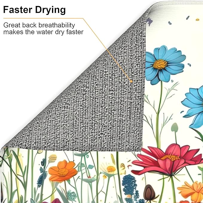 Butterfly Flowers Dish Drying Mat 16x18 Inch, Microfiber Absorbent Fast Dry Mat Daisy Floral Large Dish Mat Drying Kitchen Mat, Kitchen Drying Pad for Kitchen Counter Coffee Bar Decor Gifts