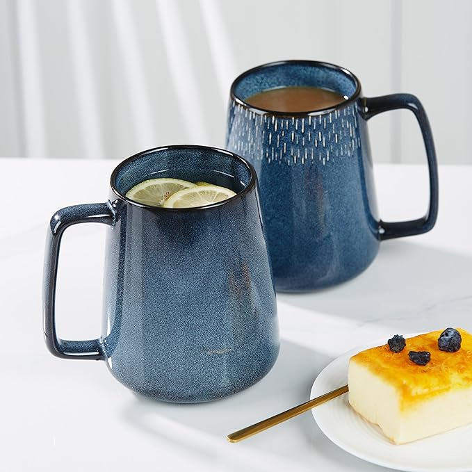 24 OZ Extra Large Ceramic Coffee Mug, with Spoon and Wooden Lid, Big Tea Cups with a Large Handle for Office and Home, Microwave and Dishwasher Safe (24 OZ Star Blue Set)
