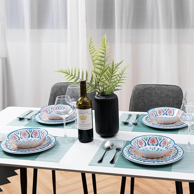 18 Pieces Melamine Dinnerware Sets, Service for 6, Paisley Kitchen Plates and Bowls Set, Unbreakable & Lightweight Dinnerware Set, Camping Dishs Indoor Outdoor Use, Spanish Floral Pattern