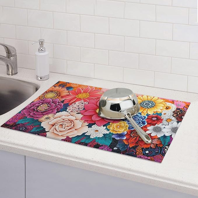 Boho Floral Dish Drying Mat For Kitchen Counter Microfiber Super Absorbent Non-Slip Dish Drying Pad For Countertops Dishes Utensils Stylish Quick-Dry Machine Washable 18x24 Inch