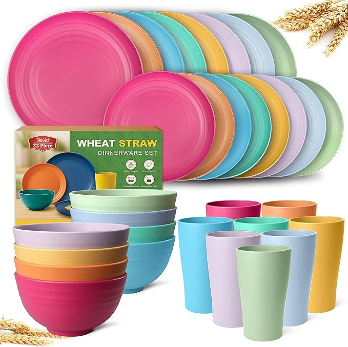 Teivio 32-Piece Kitchen Plastic Wheat Straw Dinnerware Sets, Service for 8, Dinner Plates, Dessert Plate, Cereal Bowls, Cups, Unbreakable Outdoor Camping Dishes Set,Colorful Hues