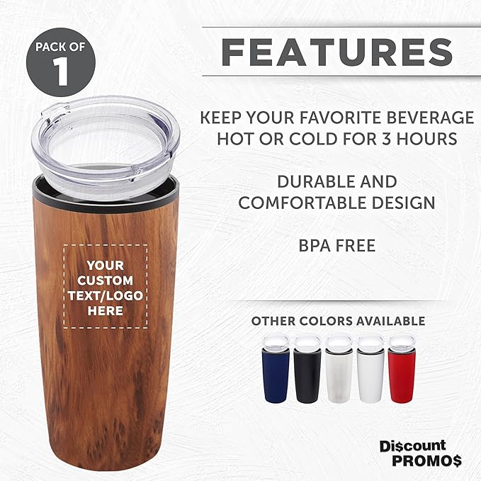 DISCOUNT PROMOS Custom Plastic Tumblers 20 oz. Set of 1, Personalized Bulk Pack - With lids, Ice Coffee Tumbler, To Go Cup, Insulated - Wood