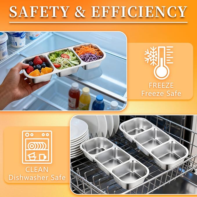 2Pack Reusable Stainless Steel Snack Containers with Leakproof Lids 3 Compartment, Stackable Metal Food Storage Lunch Boxes for Adults, Meal Prep, Travel, Office