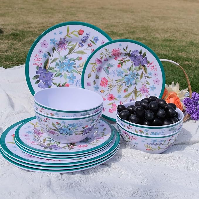 Melamine Dinnerware Set 12-Piece for 4 Dish Set Plates Bowls Unbreakable Dishware for Indoor Outdoor Use Lightweight Durable for Camping Picnics Parties Green