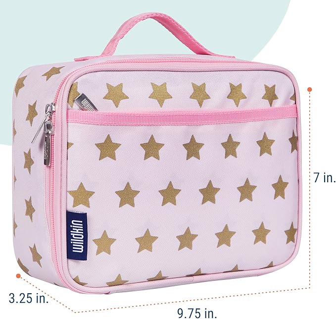 Wildkin Kids Insulated Lunch Box – Durable and Reusable for School & Travel - Pink and Gold Stars