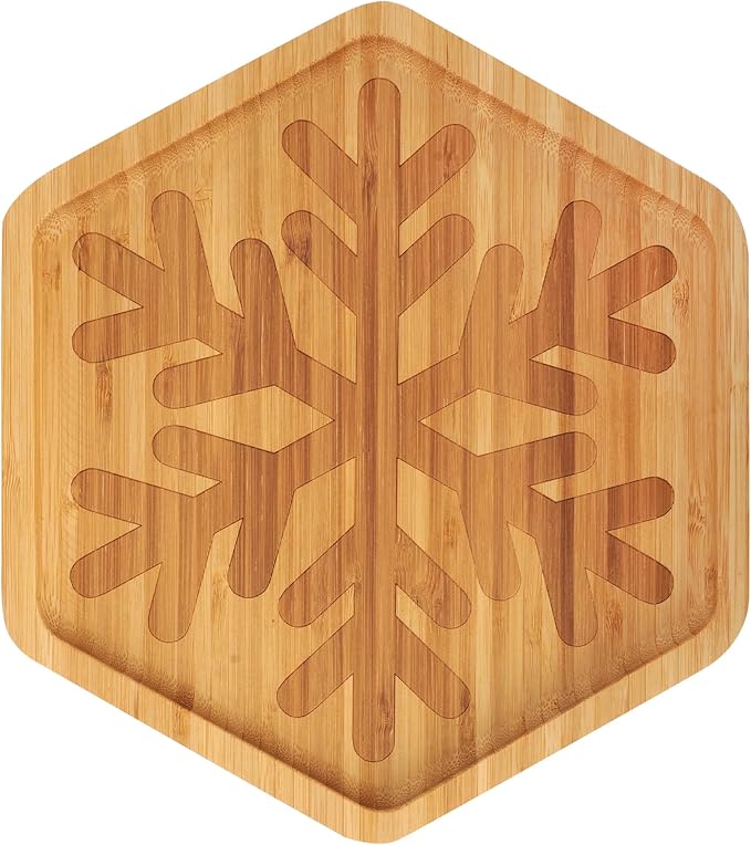 TJ POP Christmas Bamboo Serving Tray – Snowflake Shape – Decorative Sercing Platter for Holiday Snacks & Sweets – Winter Table & Kitchen Decor