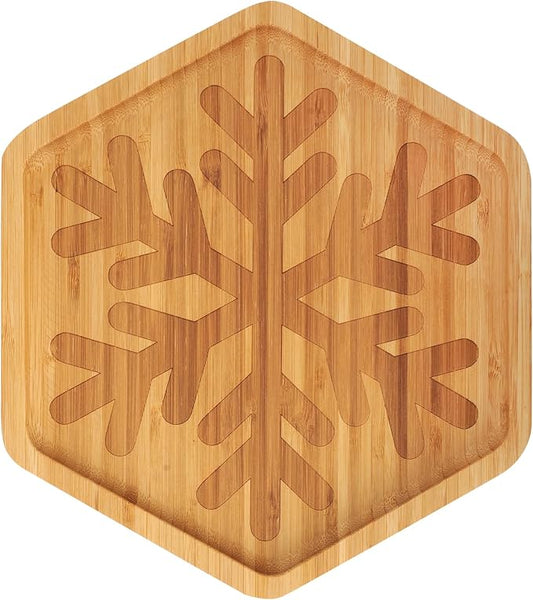 TJ POP Christmas Bamboo Serving Tray – Snowflake Shape – Decorative Sercing Platter for Holiday Snacks & Sweets – Winter Table & Kitchen Decor