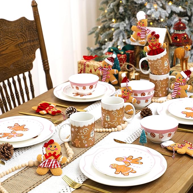 16 Pcs Pink Gingerbread Man Christmas Dishes Dinnerware Set for 4 Guest Holiday Dinner Plate Ceramic Pastel Christmas Salad Plate Gingerbread House Bowl Mug Xmas Gift Holiday Party Kitchen Decoration