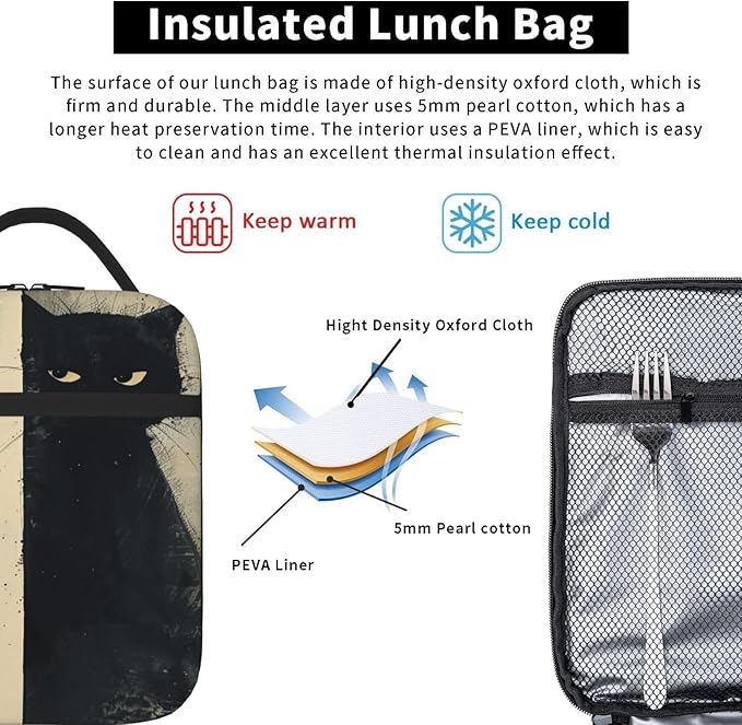 SUPLUCHOM Custom Lunch Bag With Name Cat Vintage Personalized Insulated Box Customized Food Tote Container Side Pocket for Work School Picnic Hiking Daytrip Kids Boys Girls Women Men Over 3 Years Old