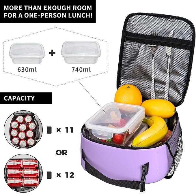 Purple Lunch Bag for School Office Washable Thermal Picnic Box for Kids Girls Adults Women Reusable Insulated Meal Pail