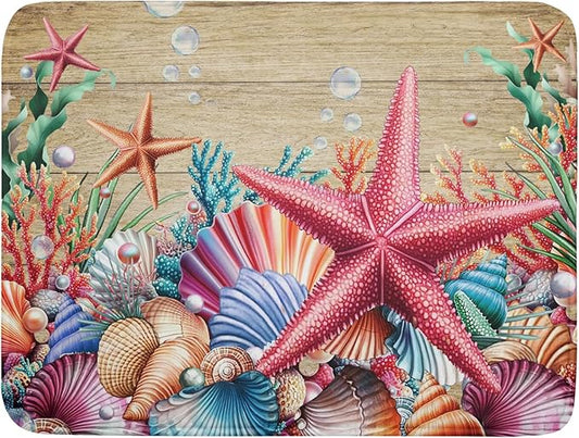 Summer Beach Dish Drying Mat - Seashells Starfish Absorbent Drying Matt Kitchen Counter for Home Decor