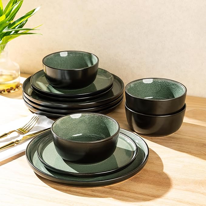 AmorArc Stoneware Dinnerware Sets,Round Reactive Glaze Plates and Bowls Set,Highly Chip and Crack Resistant | Dishwasher & Microwave Safe Dishes Set,Service for 4 (12pc)