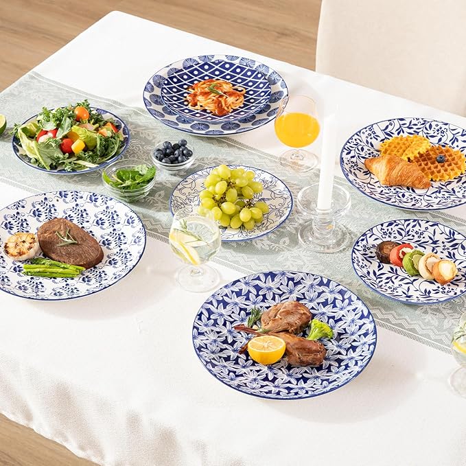 Sweejar Ceramic Dinner Plates Set, 8 Inch Porcelain Dessert Plates, Microwave & Dishwasher Safe Cake Plate for Salad, Pasta, Meat Steak, Set of 6(Vintage Blue)