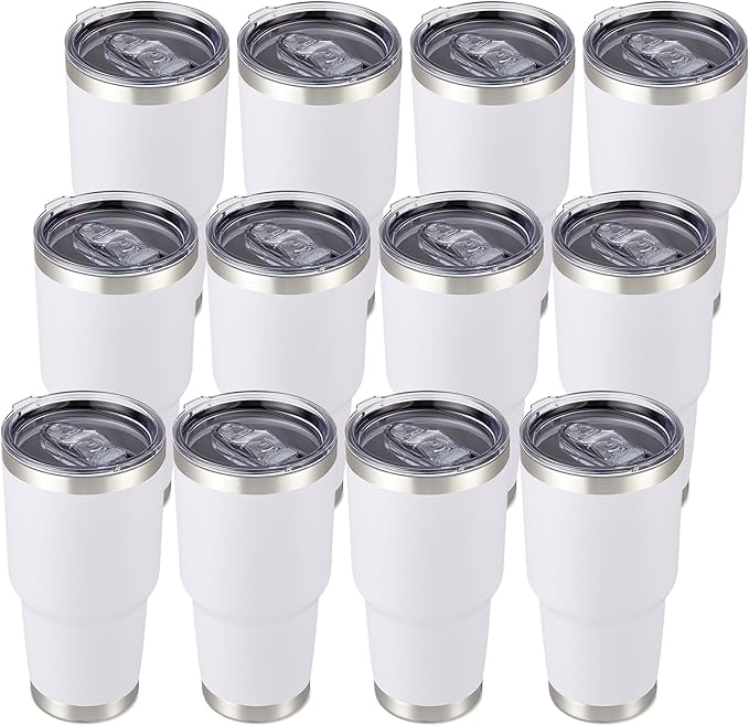 30 oz Tumbler with Lid Stainless Steel Tumblers Bulk Vacuum Insulated Cup Reusable Powder Coated Travel Mug Double Wall Leak Proof Cups Keep Cold Drinks for 12 Hours White, Set of 12