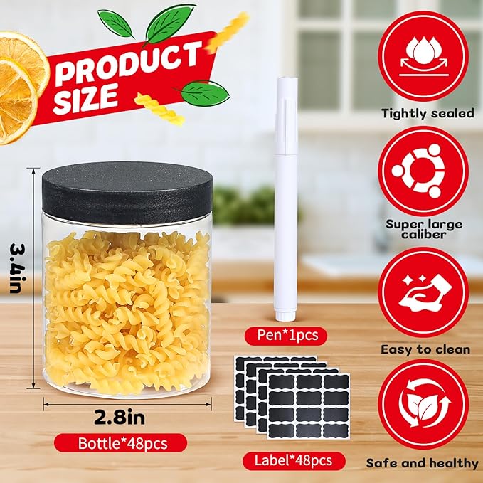48 PCS 8 OZ Plastic Jars with Screw On Lids,Labels Refillable Empty Round Slime Containers for Storing Dry Food, Honey Jam, Cream, Butter, Lotion, black