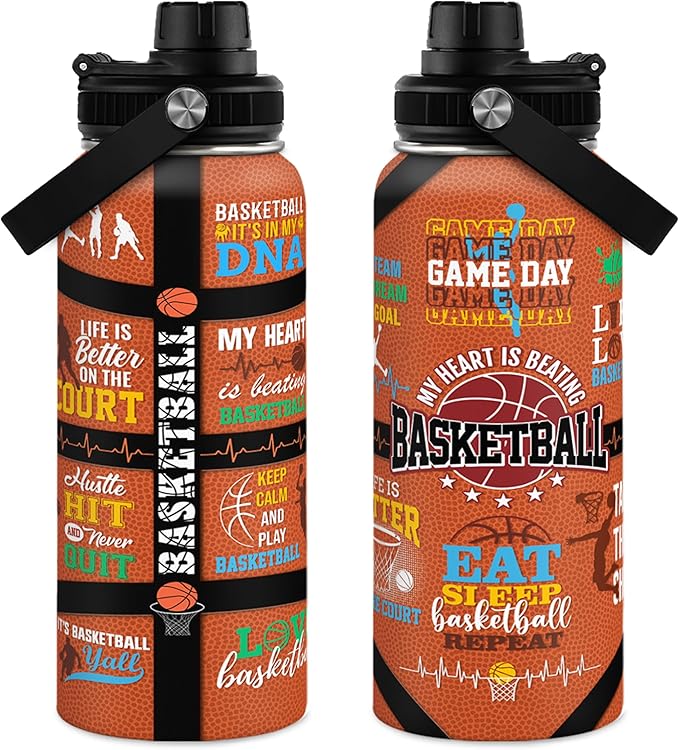 Basketball Water Bottle 32oz, Stainless Steel Insulated Sports Bottle with Lid, Basketball Gifts for Men Players Lovers Fan