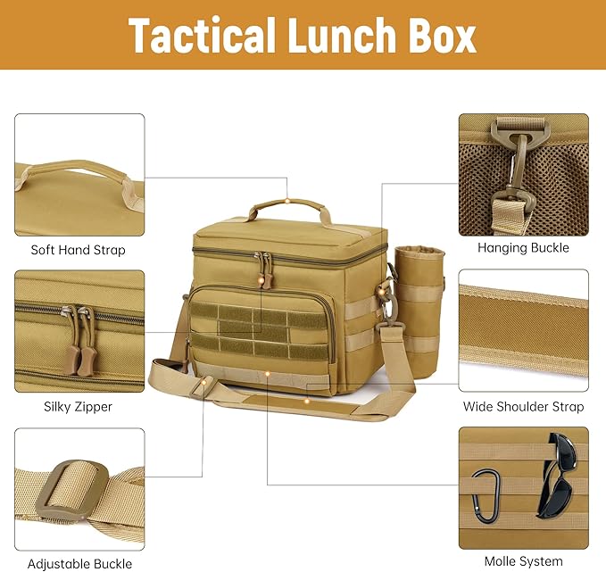 Tactical Lunch Box for Men, Insulated Lunchbox Waterproof Leakproof Cooler Lunch Bag for Work Outdoor Picnic, 24 Cans/15 L, Khaki