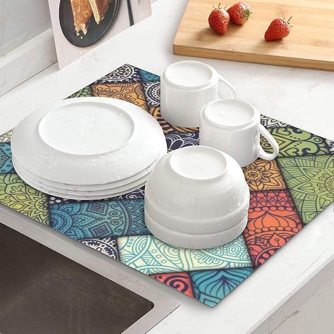 Retro Boho Dish Drying Mat 16x18 Inch, Microfiber Absorbent Fast Dry Mat Mandala Large Dish Mat Drying Kitchen Mat, Kitchen Drying Pad for Kitchen Counter Coffee Bar Decor Gifts