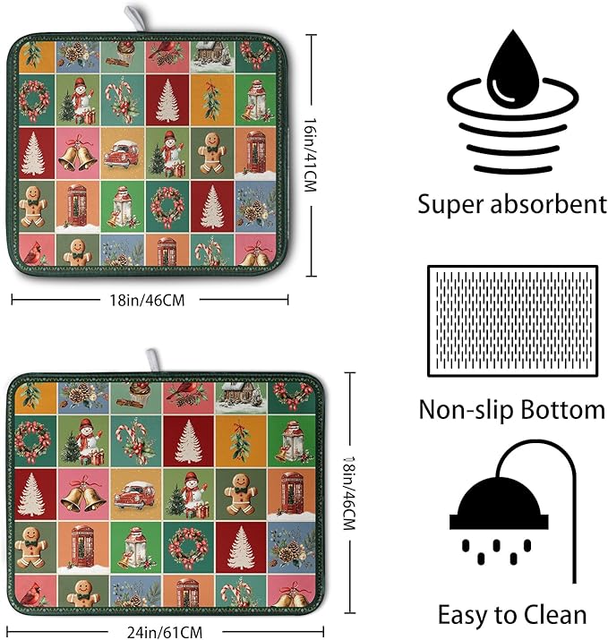 Christmas Dish Drying Mats for Kitchen Counter Cute Xmas Holiday Dish Drainer Pad Microfiber Absorbent Winter Dish Draining Mat Washable Dish Drainer Rack Mat Medium 16x18 Inch