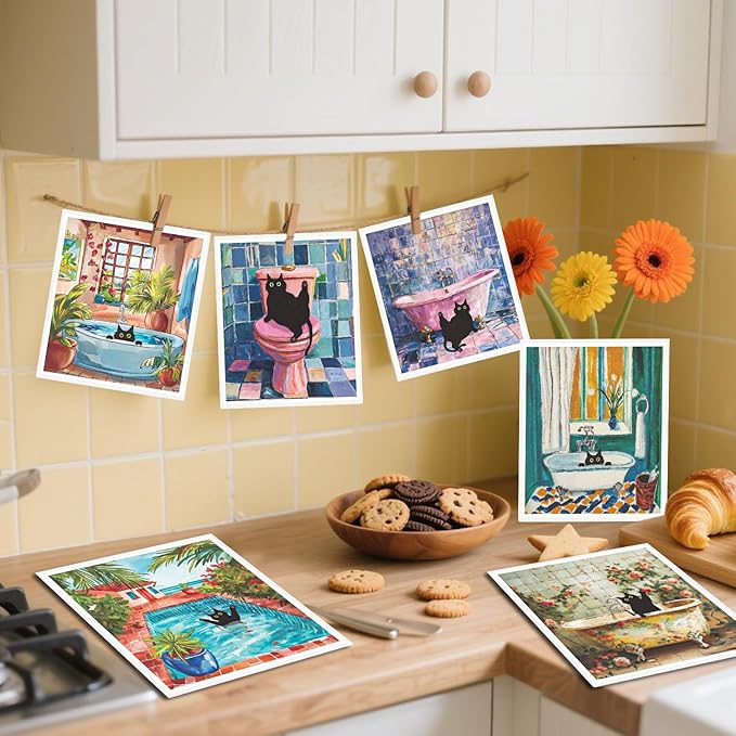 Black Cat Bathroom Swedish Dishcloths - 6PCS Oil Painting Black Cat Swedish Cloths for Washing Dishes, Cotton Kitten Reusable Dish Towels, Washable Cleaning Sponge Gifts Kitchen Home Supplies