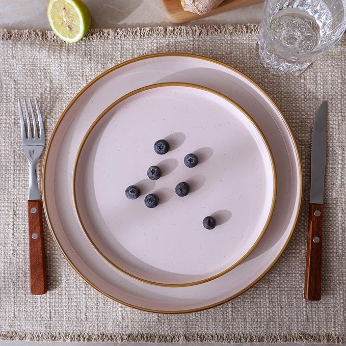 Famiware Nebula Plates and Bowls Sets for 4, 12 Pieces Stoneware Dinnerware Set, Microwave and Dishwasher Safe Dishes Set, Light Pink with Brown Rim