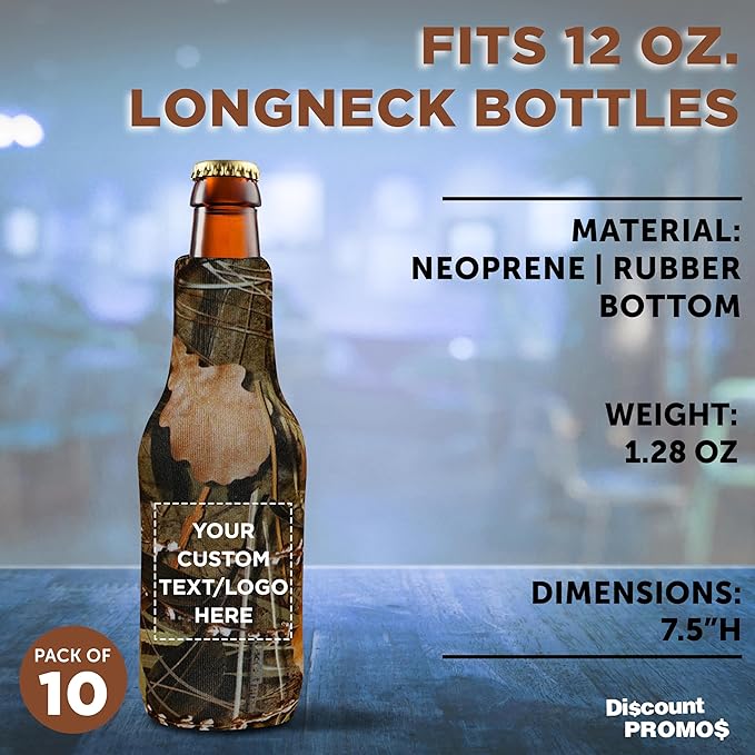 10 Neoprene Zippered Beer Bottle Coolies Pack - Customizable Text, Logo - Sharkskin Rubber Bottom - Camo4