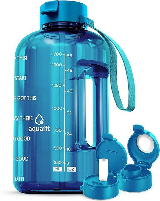 AQUAFIT Half Gallon Water Bottle with Time Marker - Straw & Chug Lid - BPA Free Gym Water Bottle with Straw - Big Gallon Jug (Aqua, 64 oz - 2 Lids)
