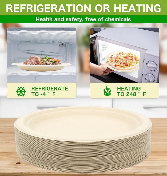 BLUE TOP 100% Compostable Disposable Paper Plates Heavy Duty Waterproof Plates-50 Pack 10 inch Eco-Friendly Plates, Natural Biodegradable Sugarca Bagasse Dinner Plates Unbleached Brown