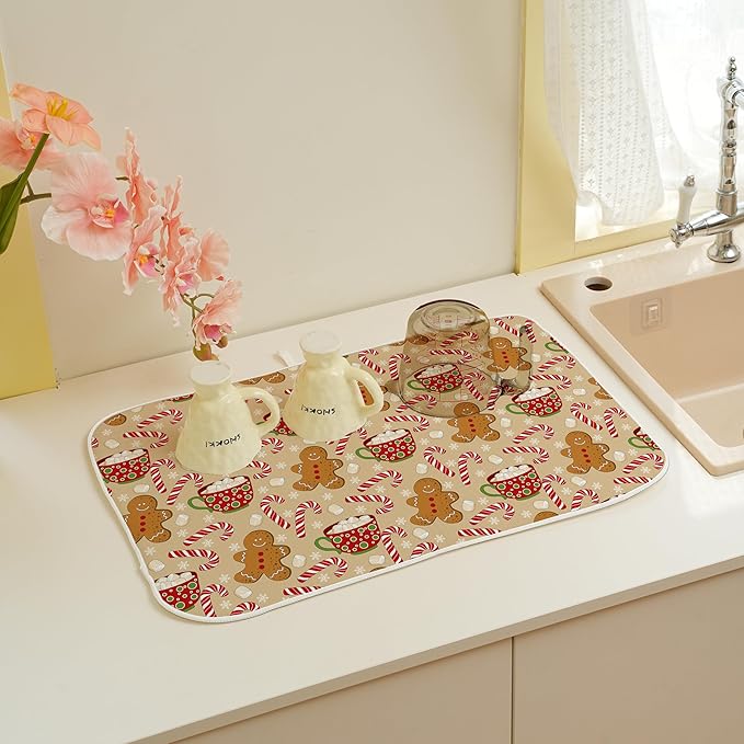 Christmas Drying Mat 18x24 Inches For Kitchen Counter Winter Brown Gingersnap Man Kitchen Decoration Drying Mat Decorative Pad for Kitchen Dining Room Christmas Decoration,Office Decor