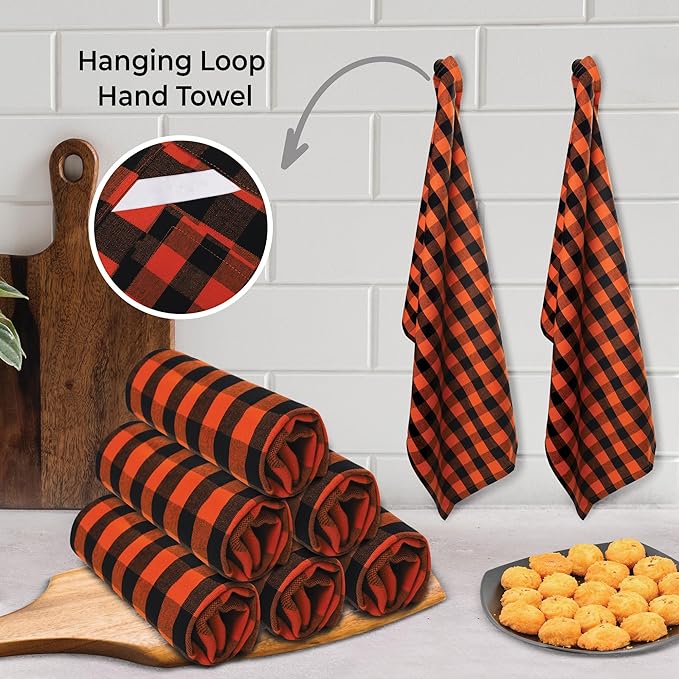 Urban Villa Halloween Kitchen Towels Set of 6 Dish Towels Size 20''x30'' Buffalo Checks Orange/Black 100% Cotton Highly Absorbent Quick Drying Dish Cloths & Dish Towels with Hanging Loop Tea Towels