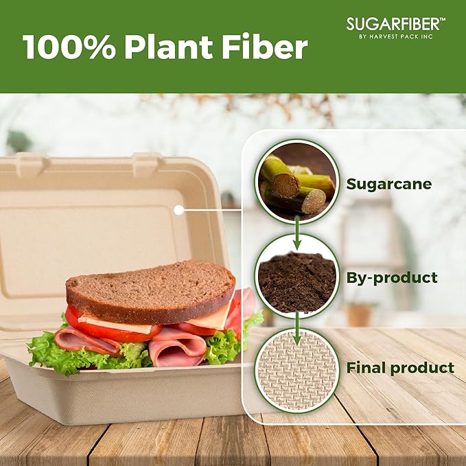 [50 COUNT]Harvest Pack PFAS FREE 9 X 6" Compostable Clamshell Food Containers, Heavy-Duty Hinged Container, Disposable Bagasse Eco-Friendly Natural Takeout to go Box, Made from Sugarcane Plant